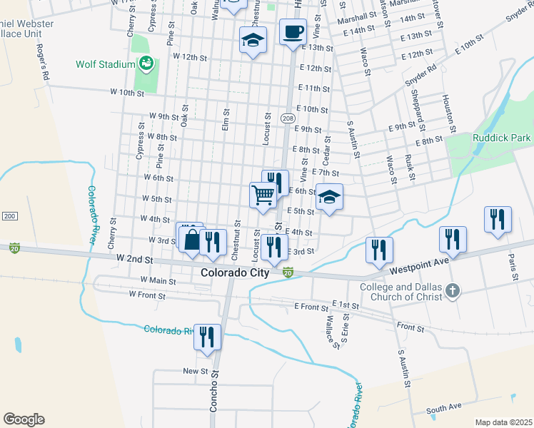 map of restaurants, bars, coffee shops, grocery stores, and more near 401 Locust Street in Colorado City