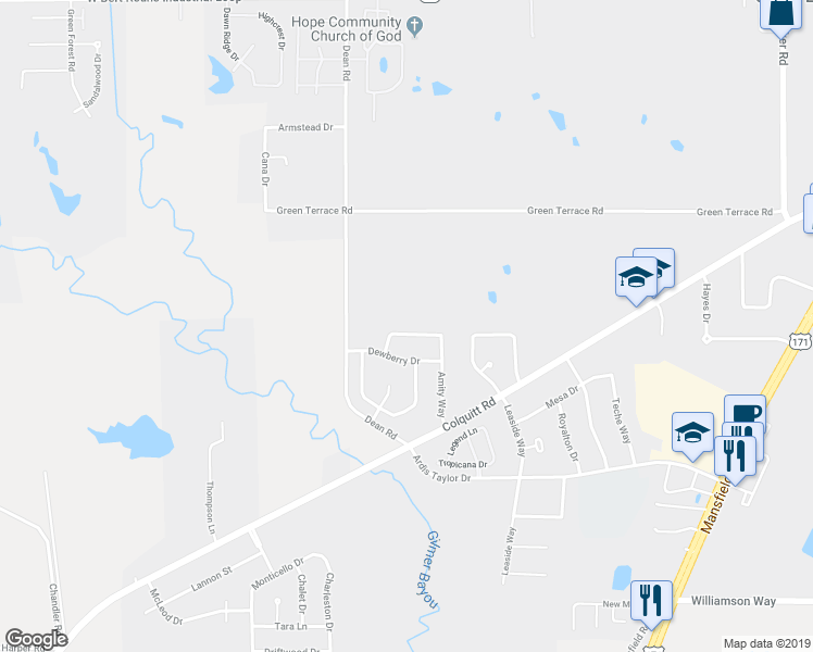 map of restaurants, bars, coffee shops, grocery stores, and more near 3514 Baywood Dr in Shreveport