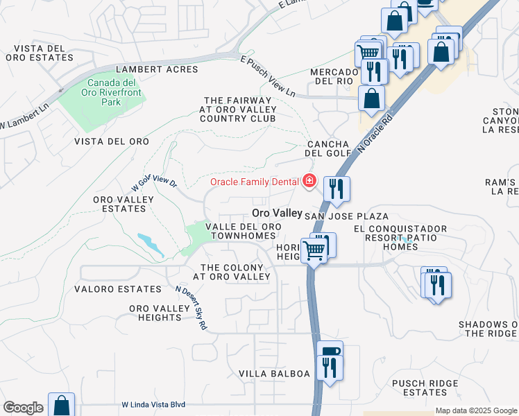 map of restaurants, bars, coffee shops, grocery stores, and more near 15 West Roma Drive in Oro Valley
