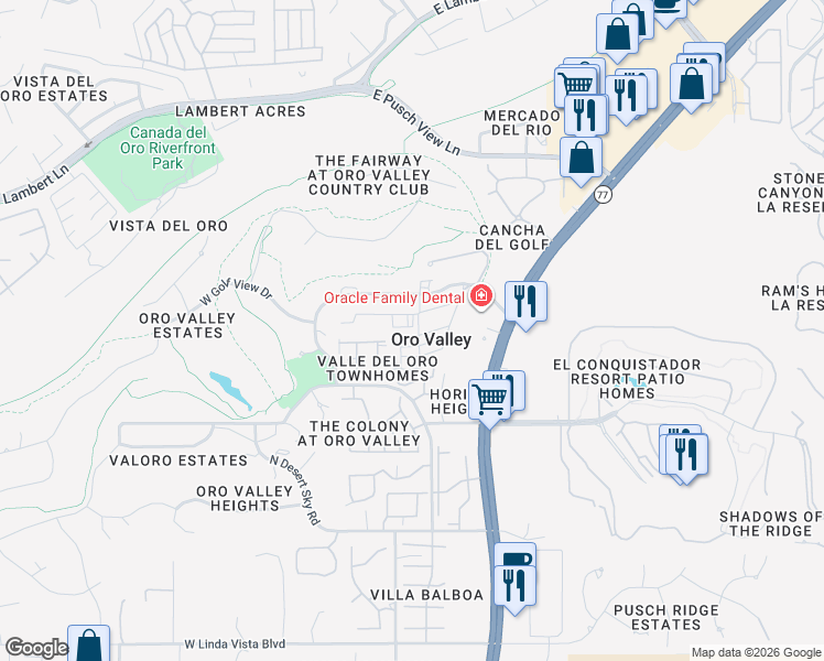 map of restaurants, bars, coffee shops, grocery stores, and more near 7 West Roma Drive in Tucson