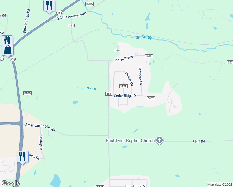 map of restaurants, bars, coffee shops, grocery stores, and more near 7188 Timber Circle in Tyler