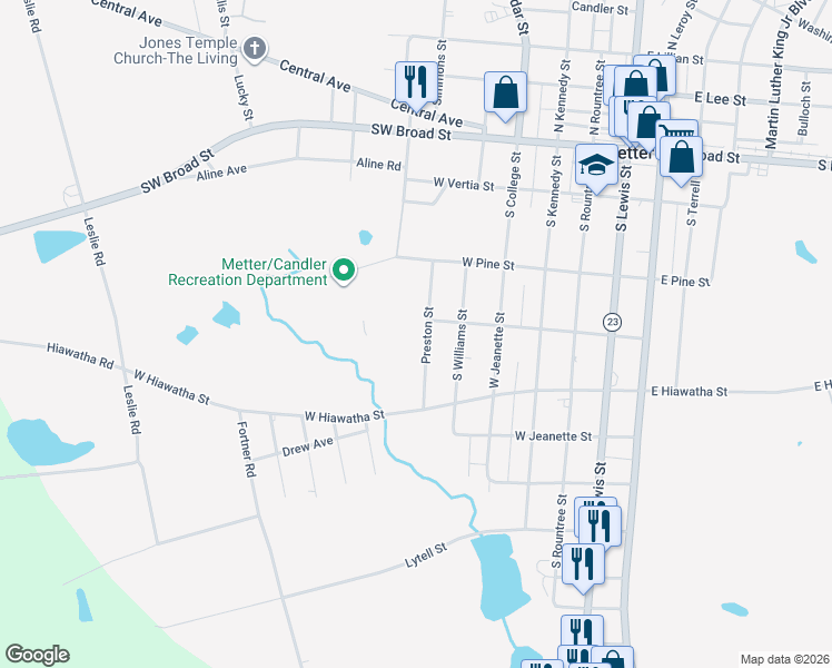 map of restaurants, bars, coffee shops, grocery stores, and more near 420 Preston Street in Metter