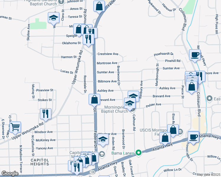 map of restaurants, bars, coffee shops, grocery stores, and more near 2757 Ashley Avenue in Montgomery