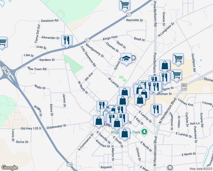 map of restaurants, bars, coffee shops, grocery stores, and more near 331 North Longview Street in Kilgore