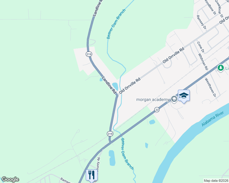 map of restaurants, bars, coffee shops, grocery stores, and more near Alabama 219 in Selma