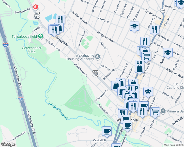 map of restaurants, bars, coffee shops, grocery stores, and more near 903 U.S. 287 Business in Waxahachie