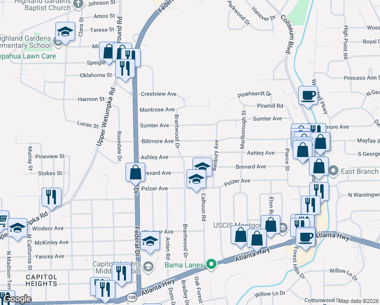 map of restaurants, bars, coffee shops, grocery stores, and more near 2817 Ashley Avenue in Montgomery