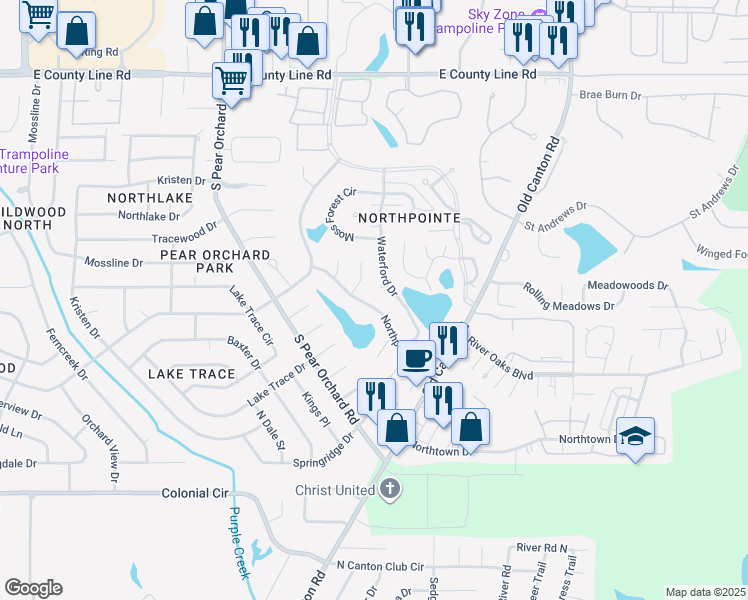 map of restaurants, bars, coffee shops, grocery stores, and more near 1030 Northpointe Drive in Jackson