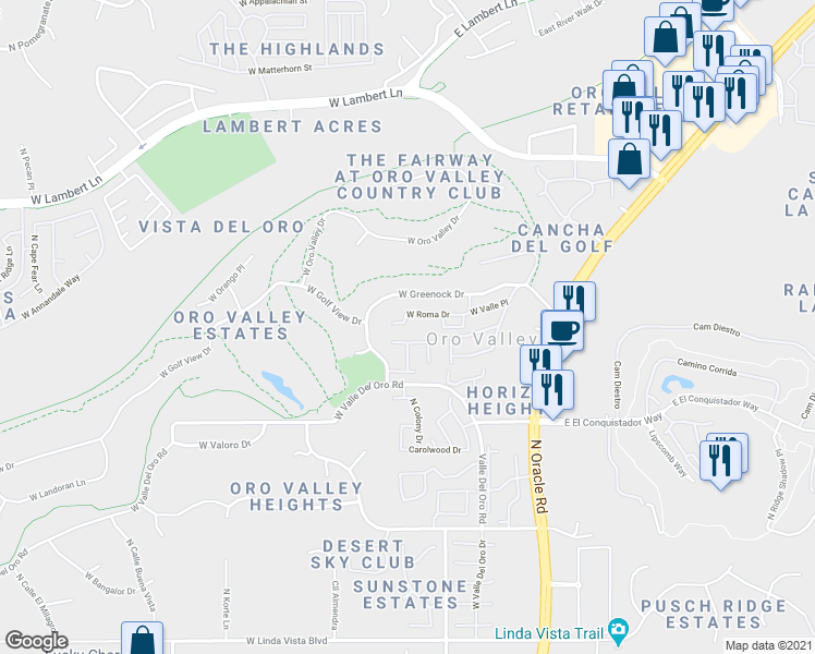 map of restaurants, bars, coffee shops, grocery stores, and more near 11 East Inverness Place in Tucson