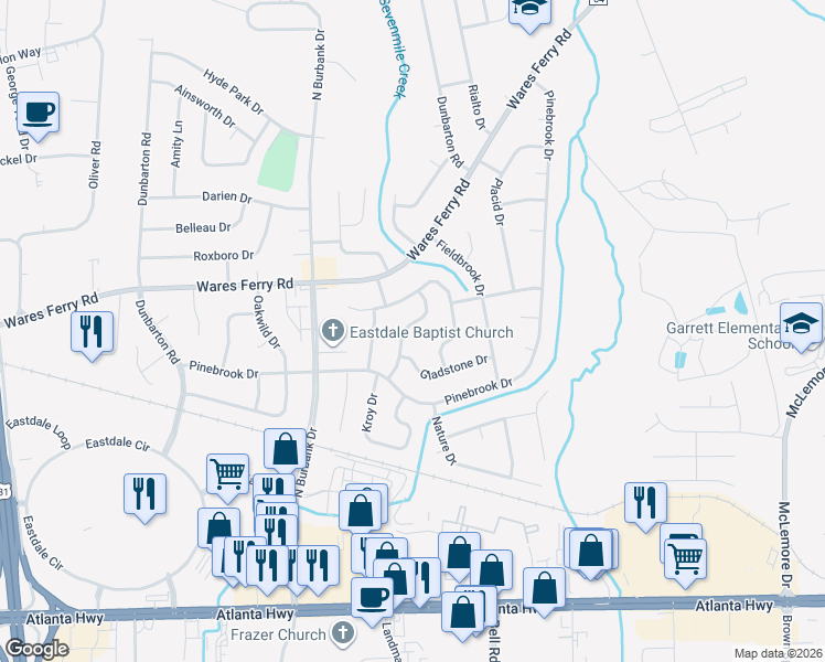 map of restaurants, bars, coffee shops, grocery stores, and more near 424 Mulligan Drive in Montgomery