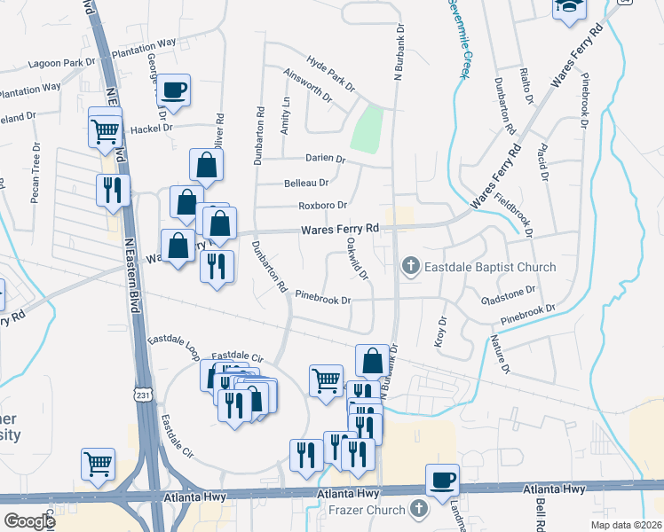map of restaurants, bars, coffee shops, grocery stores, and more near 327 Crest Hill Drive in Montgomery