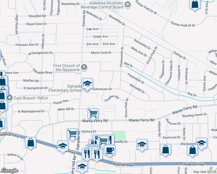 map of restaurants, bars, coffee shops, grocery stores, and more near 3914 Johnstown Drive in Montgomery