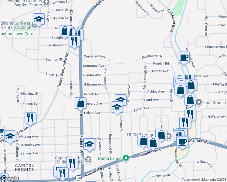 map of restaurants, bars, coffee shops, grocery stores, and more near 2817 Ashley Avenue in Montgomery