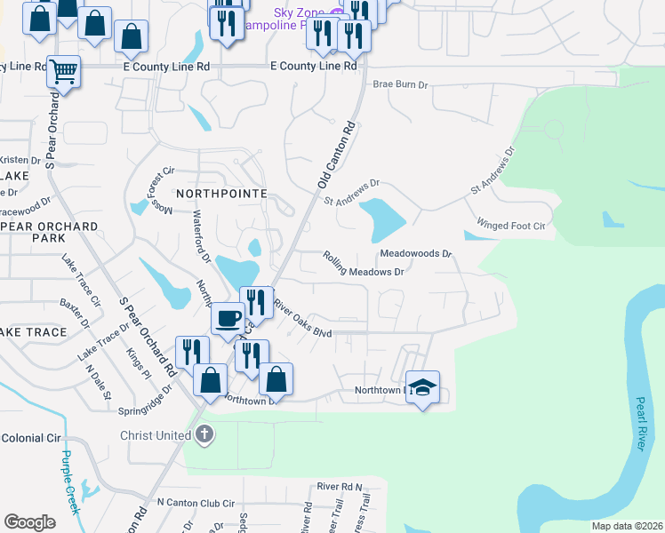 map of restaurants, bars, coffee shops, grocery stores, and more near 136-140 Rolling Meadows Dr in Jackson
