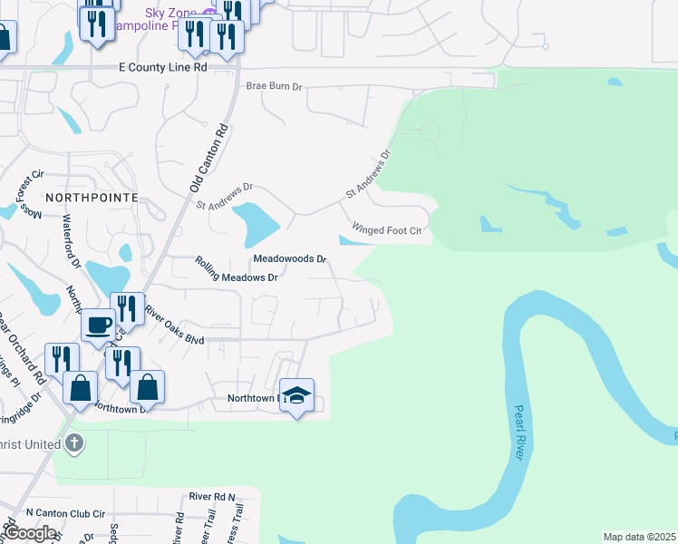 map of restaurants, bars, coffee shops, grocery stores, and more near 330 Meadowoods Dr in Jackson