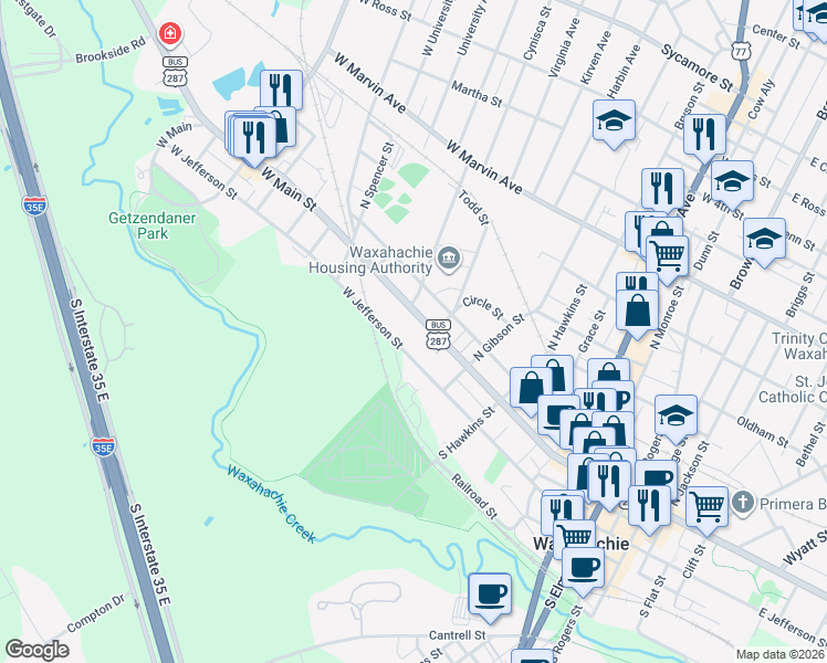 map of restaurants, bars, coffee shops, grocery stores, and more near 903 U.S. 287 Business in Waxahachie