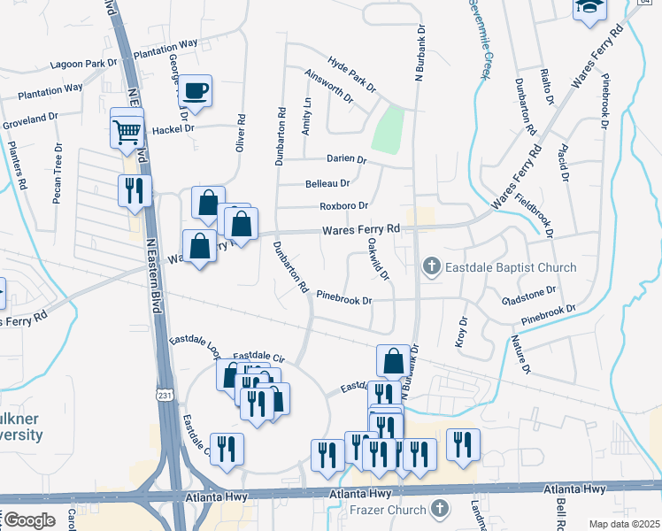 map of restaurants, bars, coffee shops, grocery stores, and more near 312 Benbow Court in Montgomery