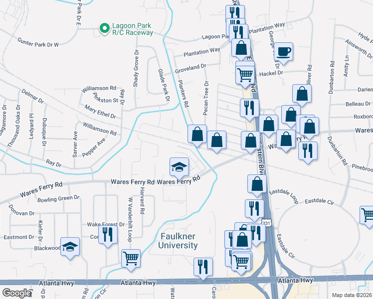 map of restaurants, bars, coffee shops, grocery stores, and more near 546 Hollow Wood Road in Montgomery
