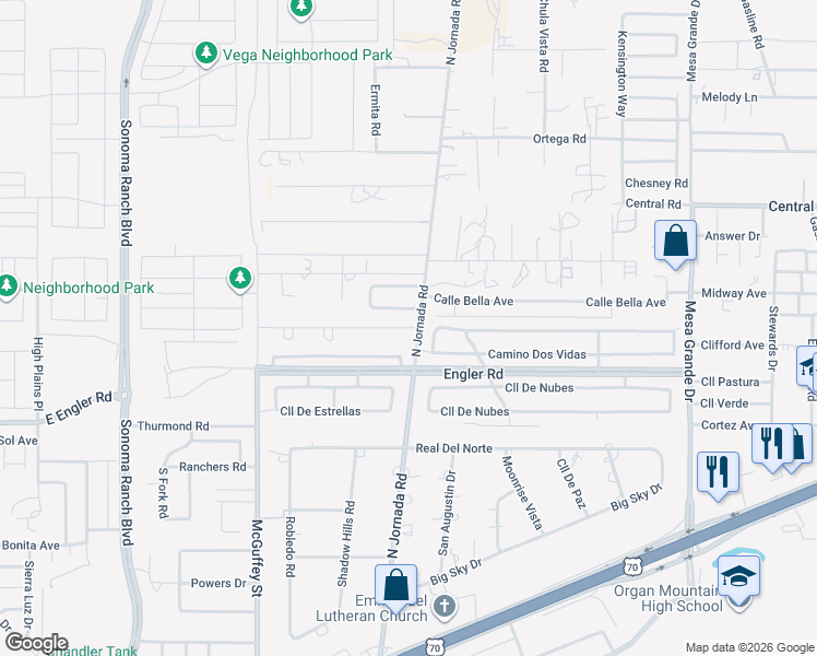 map of restaurants, bars, coffee shops, grocery stores, and more near 4200 Northgate Road in Las Cruces