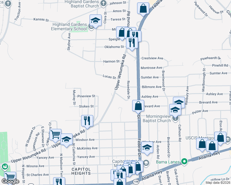 map of restaurants, bars, coffee shops, grocery stores, and more near 1008 Rosedale Drive in Montgomery