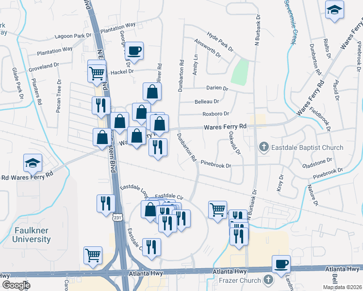 map of restaurants, bars, coffee shops, grocery stores, and more near 536 Lynnhurst Court in Montgomery