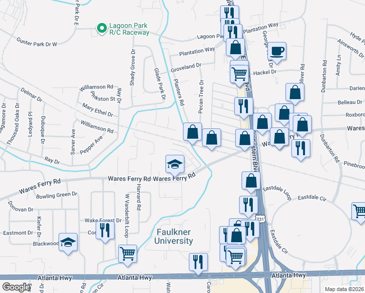 map of restaurants, bars, coffee shops, grocery stores, and more near 546 Hollow Wood Road in Montgomery