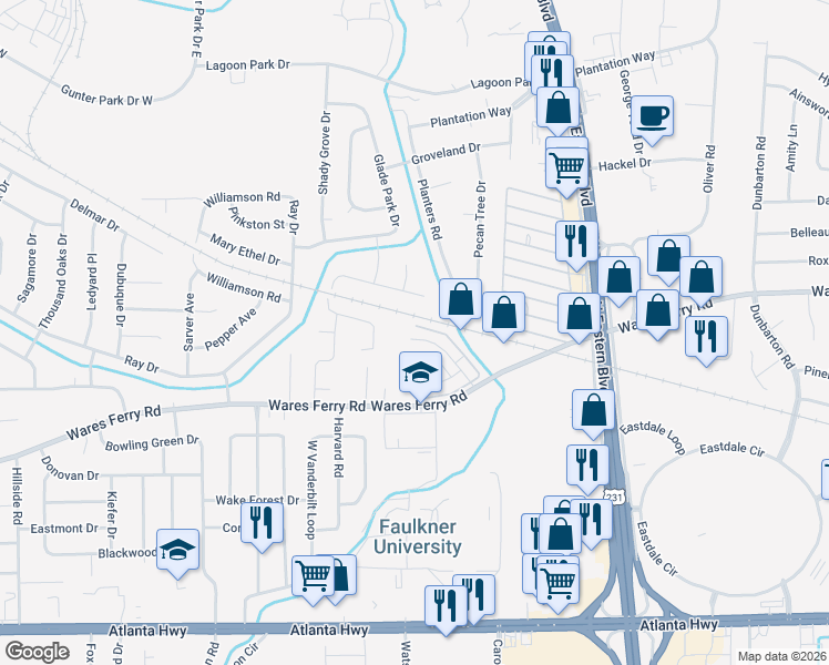 map of restaurants, bars, coffee shops, grocery stores, and more near 563 Hollow Wood Road in Montgomery