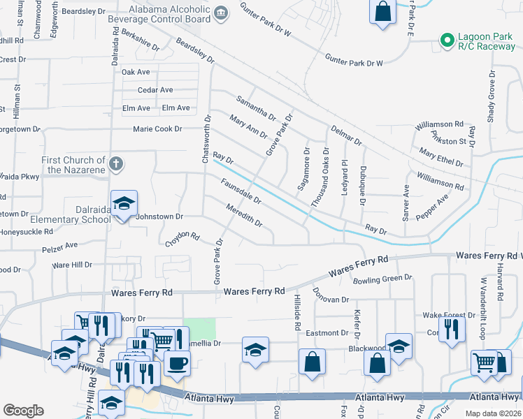map of restaurants, bars, coffee shops, grocery stores, and more near 4013 Meredith Drive in Montgomery