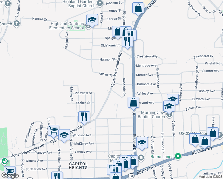 map of restaurants, bars, coffee shops, grocery stores, and more near 1008 Rosedale Drive in Montgomery