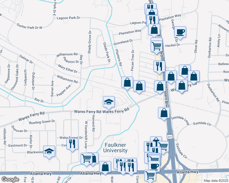 map of restaurants, bars, coffee shops, grocery stores, and more near 563 Hollow Wood Road in Montgomery
