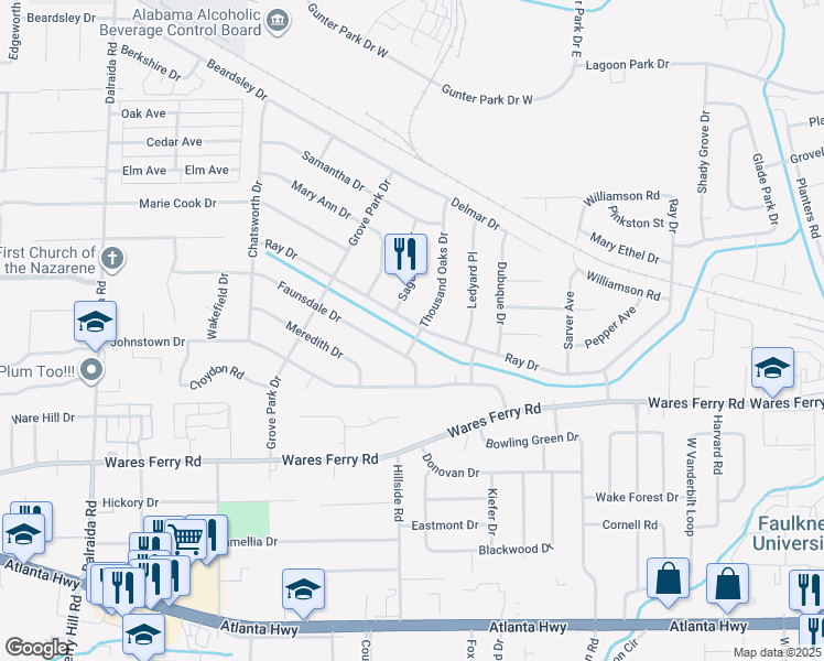 map of restaurants, bars, coffee shops, grocery stores, and more near 4079 Faunsdale Drive in Montgomery