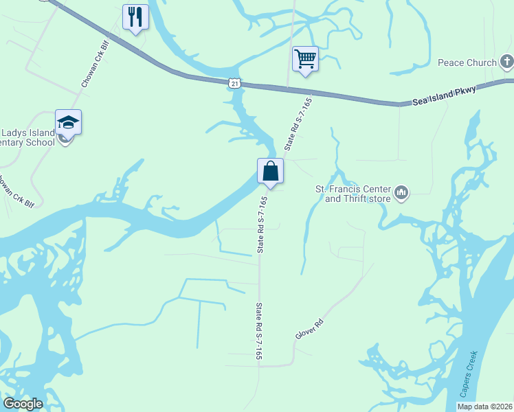 map of restaurants, bars, coffee shops, grocery stores, and more near 78 State Road S-7-165 in Saint Helena Island