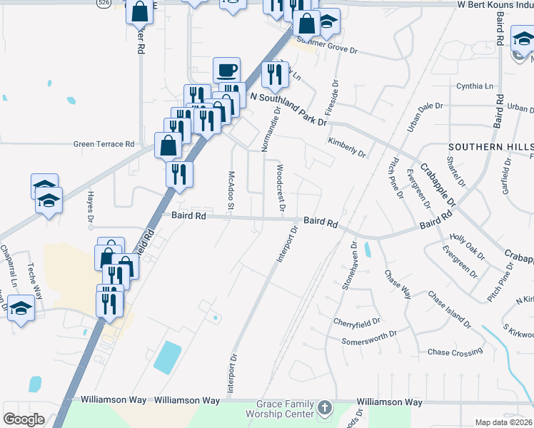 map of restaurants, bars, coffee shops, grocery stores, and more near 9475 Normandie Drive in Shreveport
