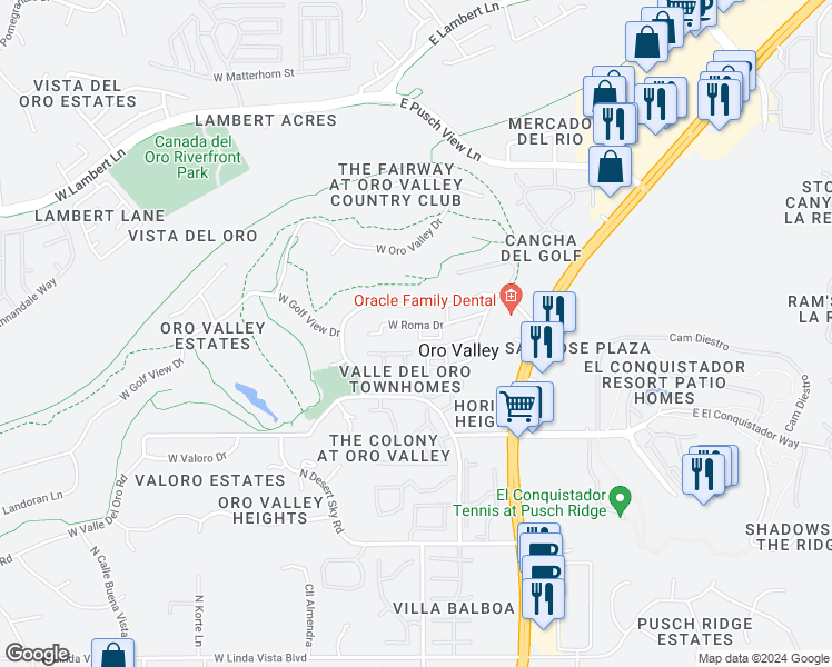 map of restaurants, bars, coffee shops, grocery stores, and more near 33 West Roma Drive in Tucson