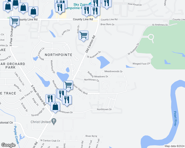 map of restaurants, bars, coffee shops, grocery stores, and more near 136 Rolling Meadows Drive in Jackson