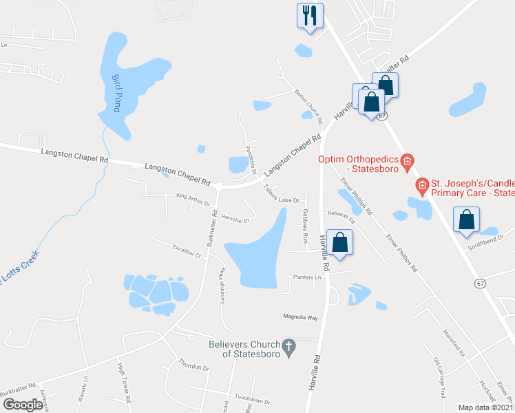 map of restaurants, bars, coffee shops, grocery stores, and more near 190 Herschel Drive in Statesboro
