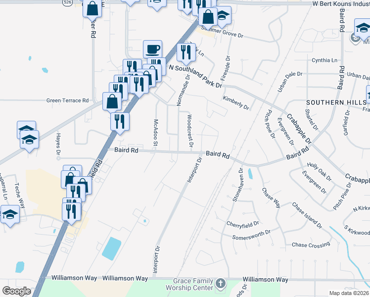 map of restaurants, bars, coffee shops, grocery stores, and more near 9475 Normandie Drive in Shreveport