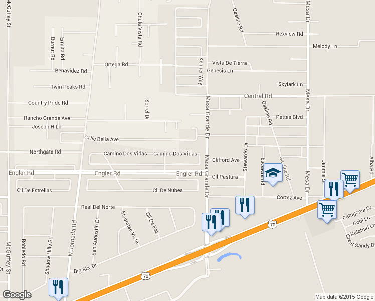 map of restaurants, bars, coffee shops, grocery stores, and more near 4606 Camino Dos Vidas in Las Cruces