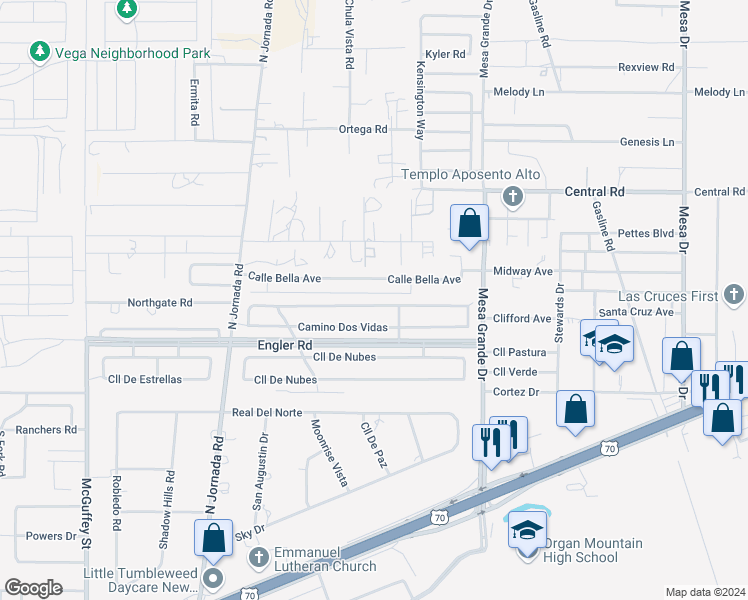 map of restaurants, bars, coffee shops, grocery stores, and more near 4540 Camino Dos Vidas in Las Cruces