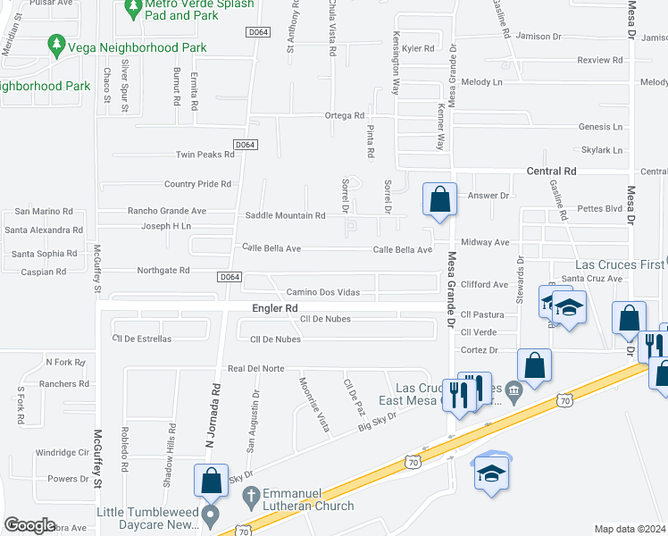 map of restaurants, bars, coffee shops, grocery stores, and more near 4504 Camino Dos Vidas in Las Cruces