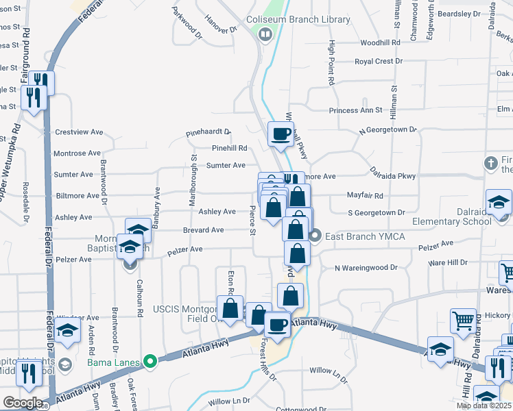 map of restaurants, bars, coffee shops, grocery stores, and more near 400 Pierce Street in Montgomery