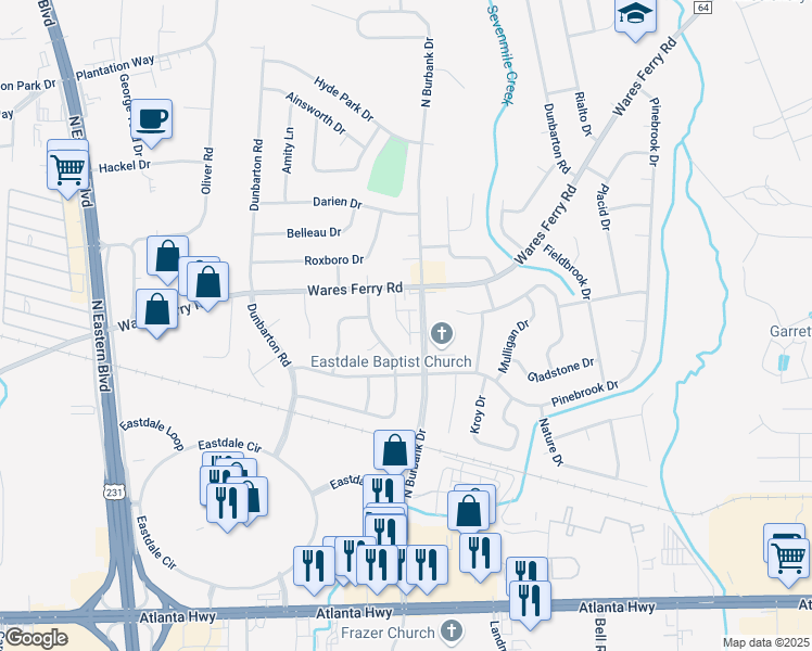 map of restaurants, bars, coffee shops, grocery stores, and more near 425 North Burbank Drive in Montgomery