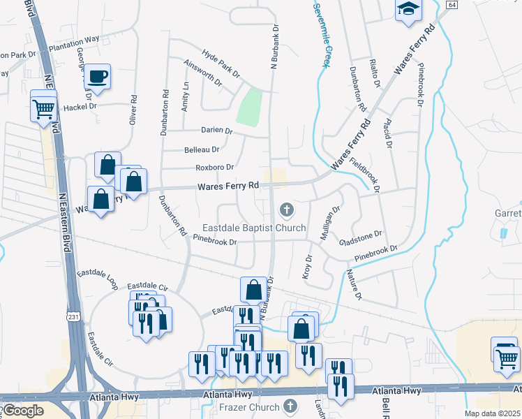 map of restaurants, bars, coffee shops, grocery stores, and more near 456 North Burbank Drive in Montgomery