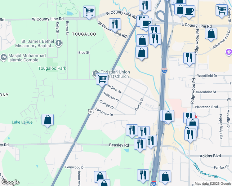 map of restaurants, bars, coffee shops, grocery stores, and more near 172 Hillcrest Street in Jackson