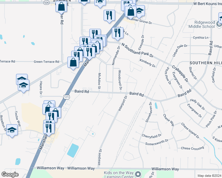 map of restaurants, bars, coffee shops, grocery stores, and more near 9470 Normandie Drive in Shreveport