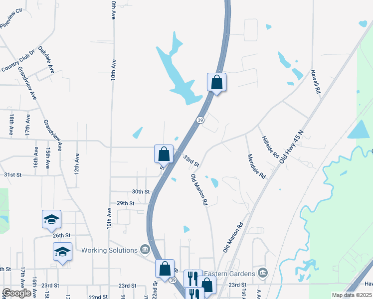map of restaurants, bars, coffee shops, grocery stores, and more near 100 33rd Street in Meridian