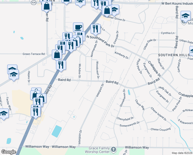 map of restaurants, bars, coffee shops, grocery stores, and more near 9475 Normandie Drive in Shreveport