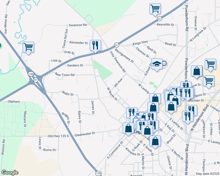 map of restaurants, bars, coffee shops, grocery stores, and more near 203 3rd Avenue in Kilgore