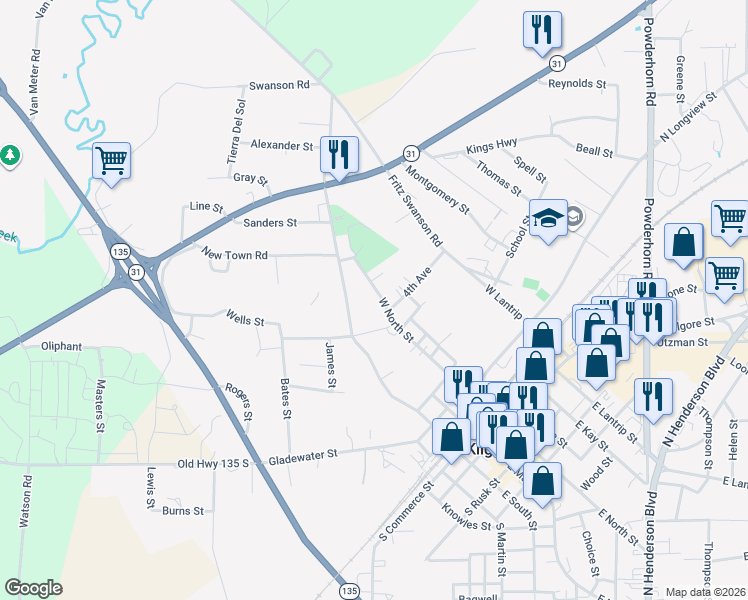 map of restaurants, bars, coffee shops, grocery stores, and more near 609 Martin Luther King Street in Kilgore