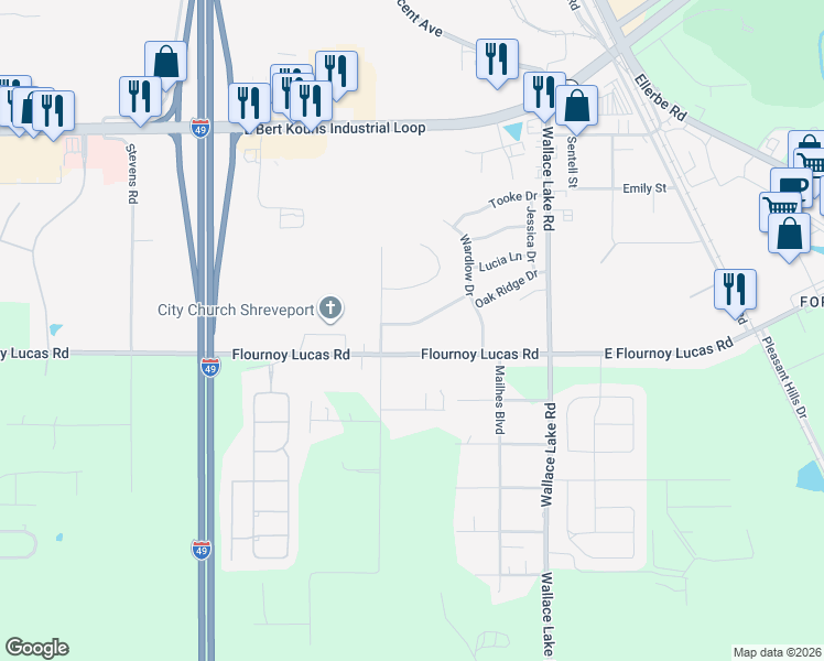 map of restaurants, bars, coffee shops, grocery stores, and more near 181 Oak Ridge Drive in Shreveport